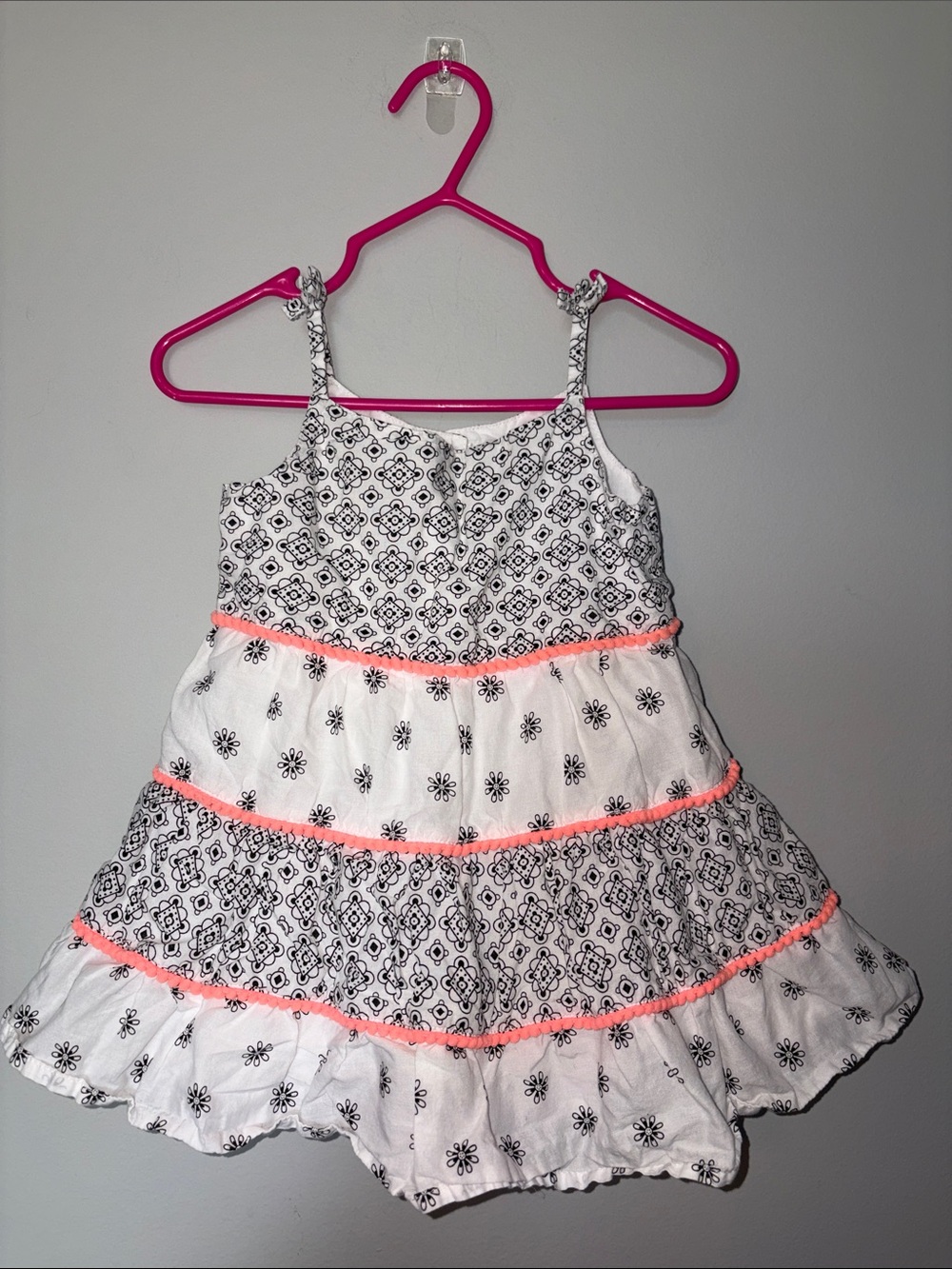 Girls White & Black Floral Tiered Dress with Neon Pink Trim 12-18 months